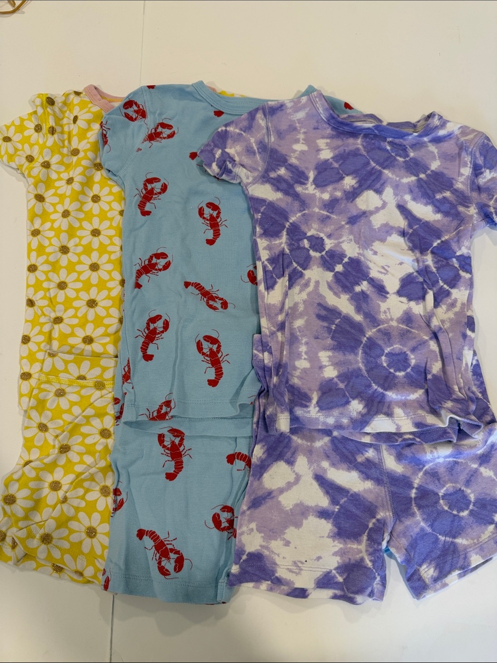 Crew Cuts Short Pajama Sets - Yellow Daisy, Blue Lobster & Tie-Dye set of three